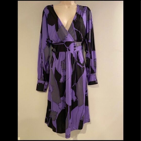 TIBI SILK V-NECK BOLD PRINT PURPLE BLACK DRESS M - Picture 2 of 14